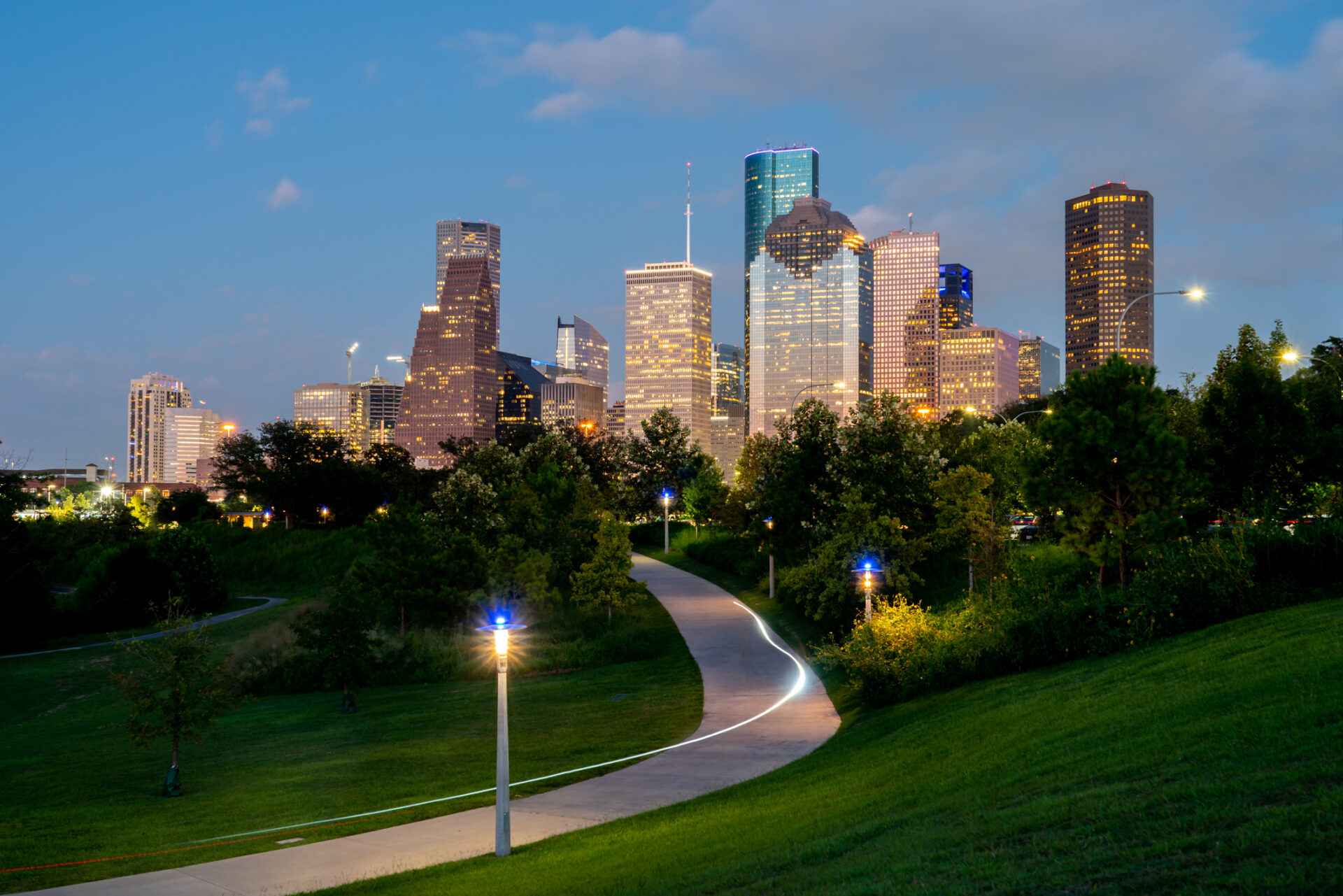 View of Houston Skyline at Night From Popular Park